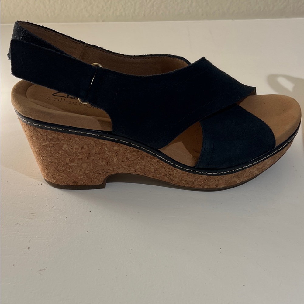 Clarks Dark Blue Wedge Sandals - Picture 5 of 11